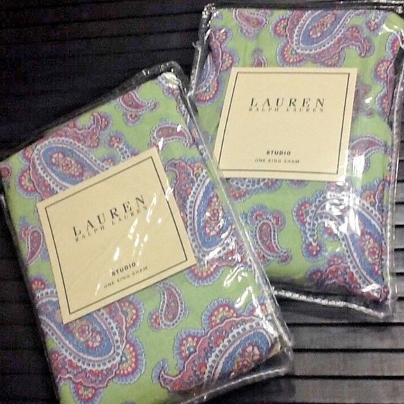 2 Ralph Lauren Greenvale Paisley 100% Cotton KING Pillow Shams in Green + Purple - Picture 9 of 10